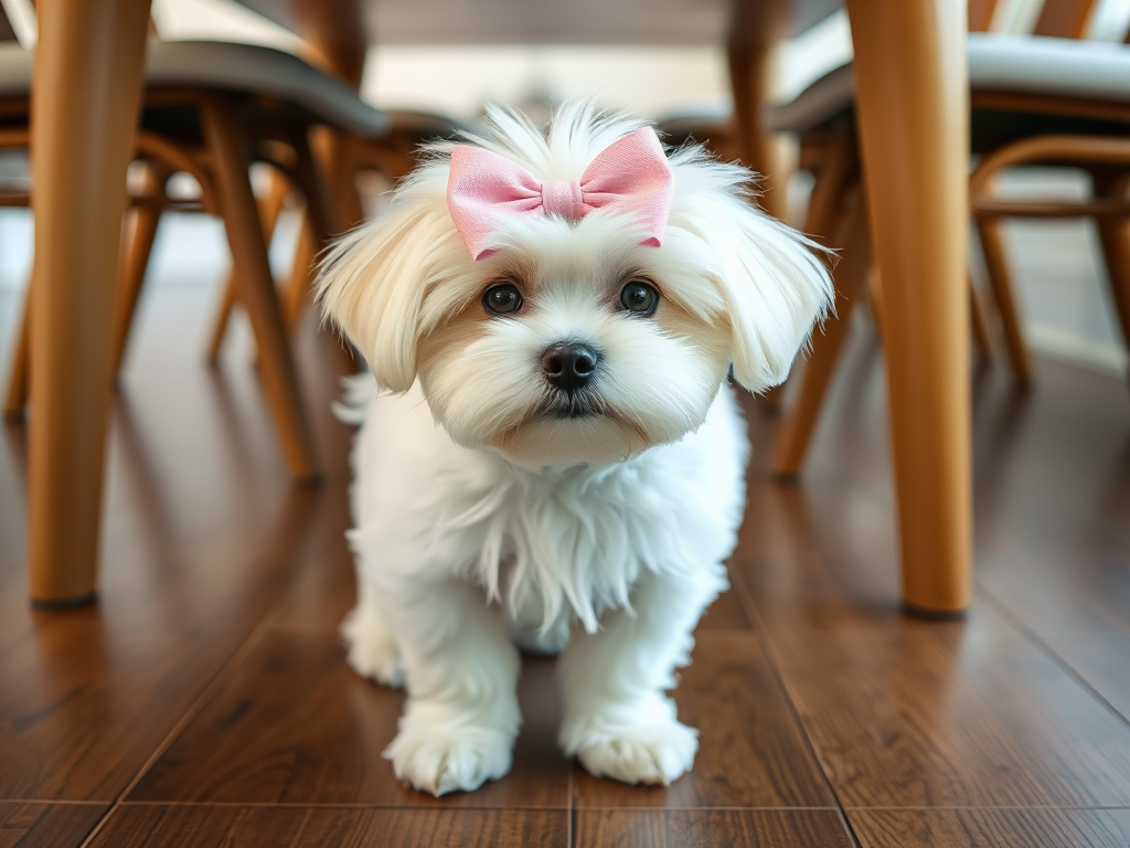 A small fluffy white dog with a pink bow on its head standing on a wooden floor under a table surrounded by chair legs. The dog has a curious expression and is looking directly at the viewer.