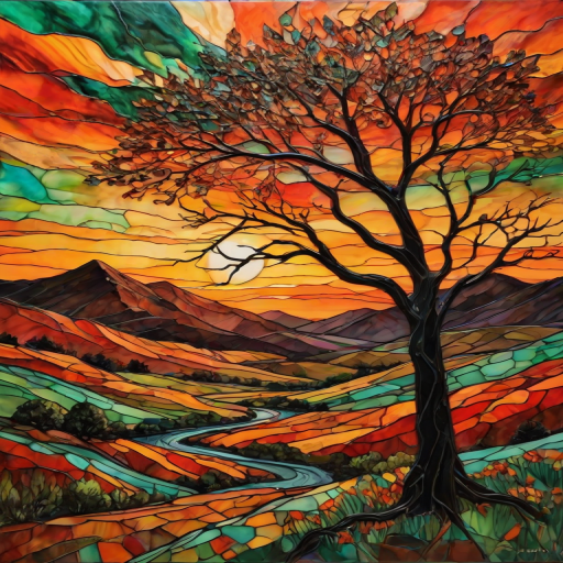 A vibrant abstract painting on Tiffany Glass, blending acrylic and alcohol ink techniques, captures a dramatic sunset over rolling hills. The artwork features a textured, rocky foreground in green and brown, layered abstract hills, and a striking sunset in rich oranges, yellows, and reds. A solitary black tree with intricate branches contrasts against the fiery sky, creating a dynamic and expressive portrayal of a breathtaking natural scene.