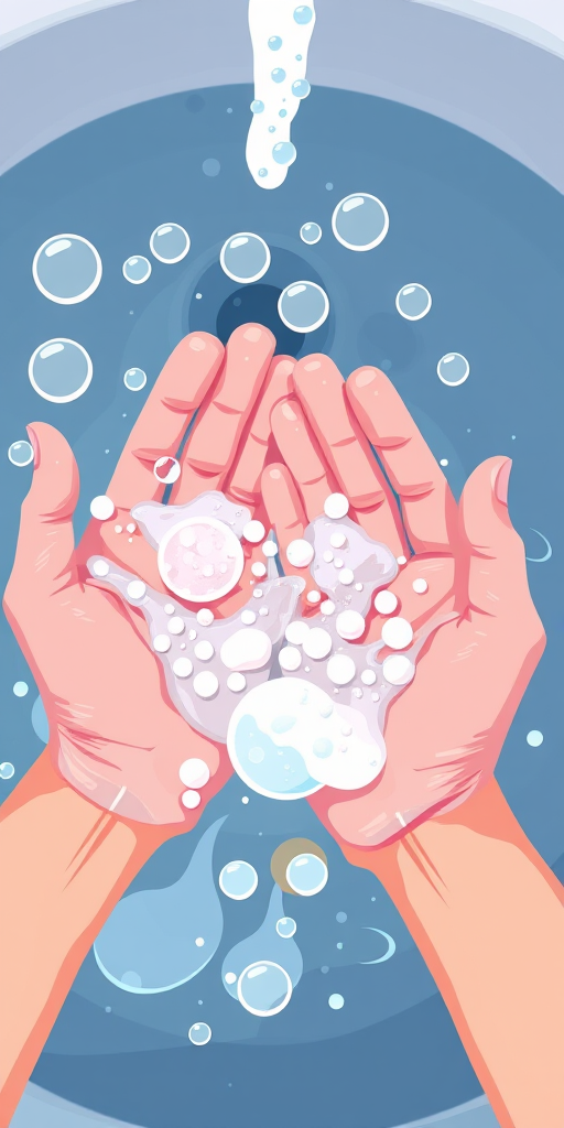 Create a vibrant illustration of two hands washing with soap bubbles and water droplets, designed in a modern flat style, captured from an overhead perspective using a DSLR camera with a 50mm lens, aperture set to f/2.8, ISO 100, and natural lighting for enhanced clarity and color contrast.