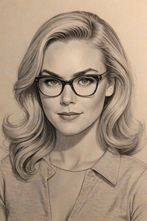 Gorgeous Laura Bell Bundy, pencil sketch, portrait of Ravishing woman 1948s in glasses, hair style beatnik, outline, clear lines, fine lines, 8k