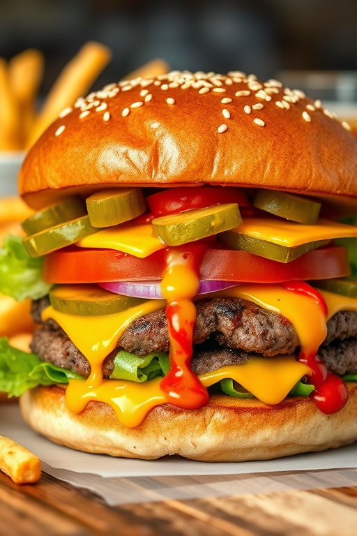 High-resolution, close-up image of a gourmet double cheeseburger. The burger features a glossy, sesame-seed-topped brioche bun. Inside, there are two thick, juicy beef patties, each topped with melted cheddar cheese. The burger is garnished with fresh lettuce, tomato slices, diced onions, and pickles. A generous amount of ketchup and a creamy, orange-colored sauce is dripping down the sides, adding to the mouth-watering appeal. In the background, there are blurred elements including a side of golden French fries and a hint of a beverage, enhancing the overall presentation of a delicious meal.