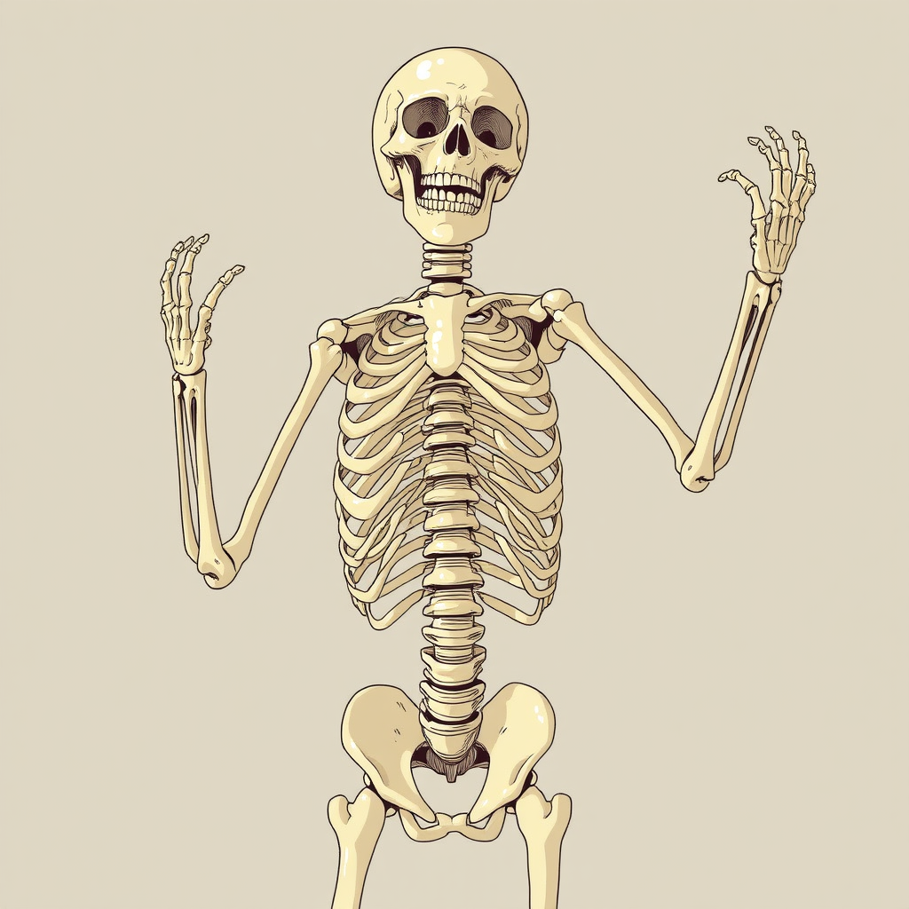 Create a highly detailed illustration of a skeleton in a playful pose, with a focus on intricate bone structure, use a DSLR camera with a 50mm lens, aperture set to f/2.8, 1/100 shutter speed, in natural light, and a slightly elevated angle for depth.