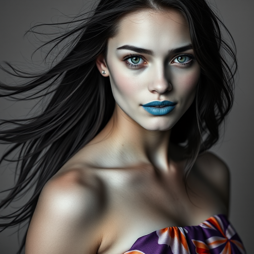Photographic image of a beautiful young Maori woman, green eyes, lips with cyan lipstick, long hair fluttering in the wind and wearing a silk strapless dress with a soft purple and orange print. monochrome image with only color highlights in the iris of the eyes, lipstick and dress. Gray background.