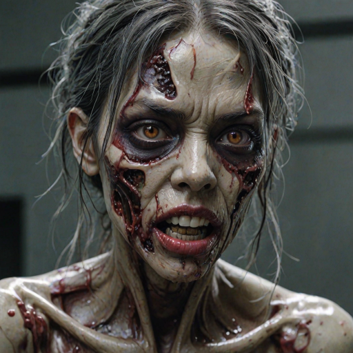 (perspective) of A creepy (ethnicity) zombie cyborg with (descriptive color) skin, (color) lipstick (color) liquid flowing from her eyes and mouth, (perspective two) portrait, (camera angle), extremely detailed, (art style) in the style of Yoshitaka Amano and Tetsuo Hara. --ar 85:128 --style raw --niji 6