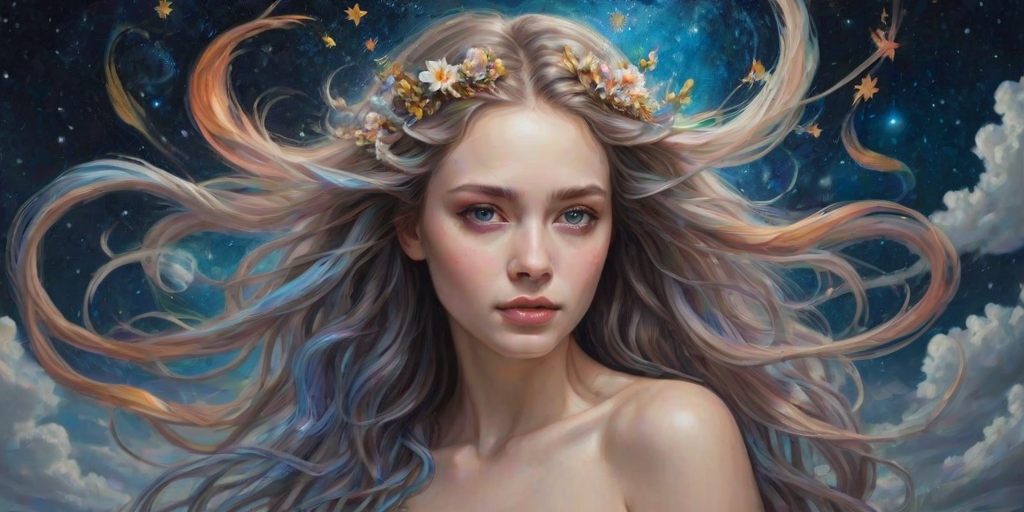 Create a series of imaginative portraits where each subject is infused with elements of fantasy and nature. The hair of the individuals should flow like clouds, varying from soft, fluffy cumulus to wispy cirrus strands, with hints of color reflecting a sunset or a clear blue sky. The eyes should be windows to entire galaxies, with stars, nebulae, and distant planets visible within them. Clothing should be adorned with nature motifs, such as floral patterns that bloom and change, vines that seem to grow and wrap around, or feathers that shimmer with iridescence. Each portrait should capture a unique personality, blending human features with the ethereal beauty of the natural and cosmic world. The backgrounds can vary, from starry night skies to enchanted forests, adding depth and context to the magical realism of the portraits