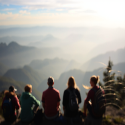 Blurry, candid photo of a group of hikers resting at a mountain overlook, distant peaks stretching into the horizon, soft light from the setting sun casting long shadows, and the sound of wind rustling through the trees.