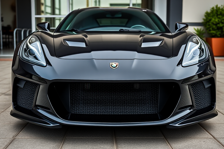 Create a hyper-realistic image of a black sports car from a front view with a focus on the grille, ensuring high detail and vibrant colors, use a DSLR camera, 50mm lens, aperture f/1.8, ISO 100, and natural lighting for enhanced clarity and depth.