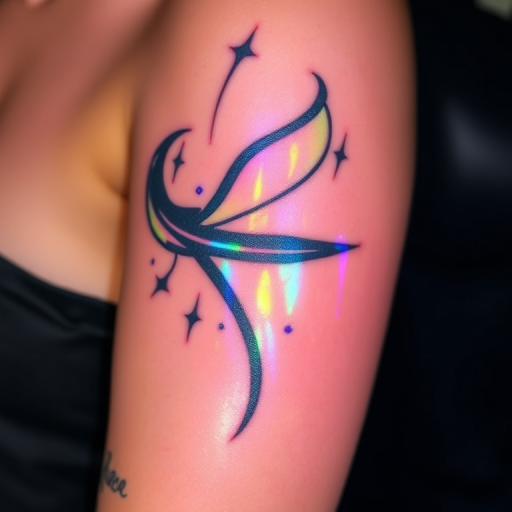 Holographic tattoo named "Prismatic Illusion" showcasing iridescent colors and shimmering effects that appear to change and shift with movement and lighting