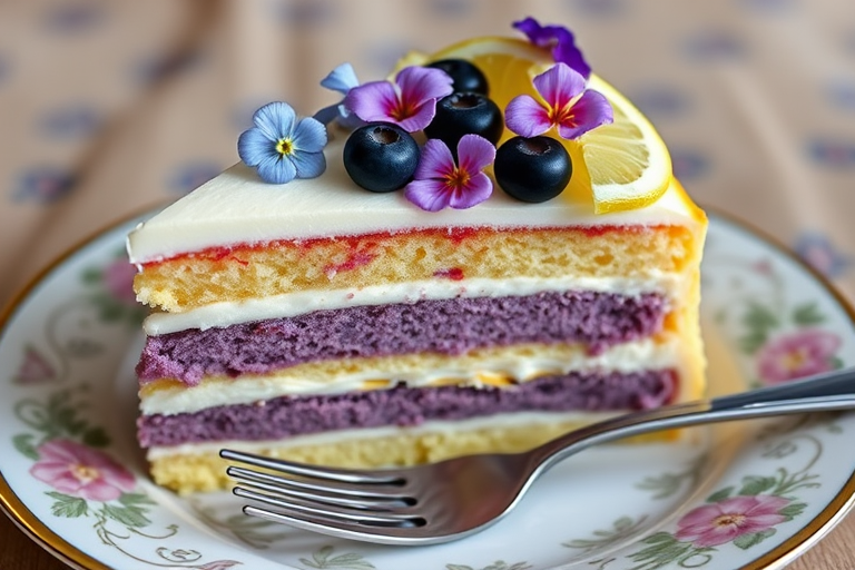 A beautifully layered slice of cake with yellow and purple sponge, creamy frosting, fresh blueberries, a lemon slice, and edible flowers on top, served on a decorative plate with a fork beside it.