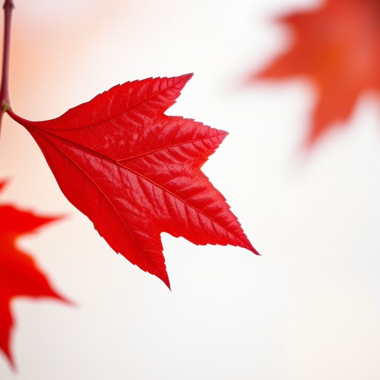 Capture a high-resolution close-up of a red maple leaf on a white background, using a DSLR camera at f/2.8 aperture, 1/125 sec shutter speed, ISO 100, in natural light with a shallow depth of field to emphasize detail and texture.