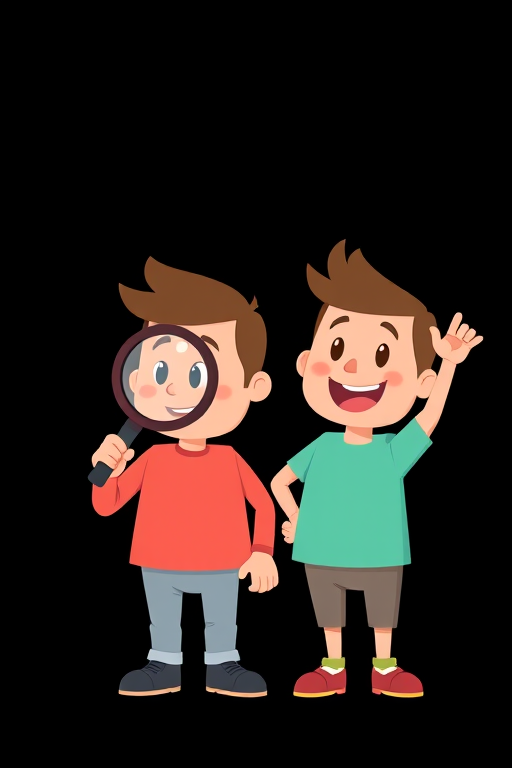 create an image of two cartoon characters, one holding a magnifying glass and the other gesturing cheerfully, in a flat design style, using a Canon EOS R5, 50mm f/1.2 lens, aperture f/2.8, ISO 100, with a bright and vibrant color palette, on a solid black background.