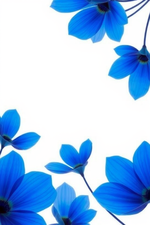 Create a vibrant digital artwork featuring abstract blue floral shapes in the corners against a white background, shot with a DSLR camera at f/8 aperture, ISO 100, 50mm lens, with a shallow depth of field for crisp detail in the foreground elements and a soft gradient effect.