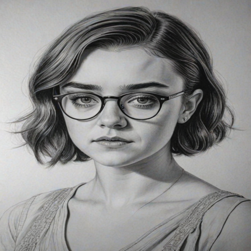 Stunning Maisie Williams, pencil sketch, portrait of Graceful woman 1920s in glasses, hair style beatnik, outline, clear lines, fine lines, 8k