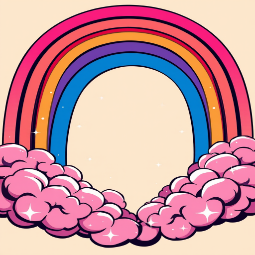 generate an illustration of a colorful rainbow arching over fluffy pink clouds with sparkling stars set against a soft beige background