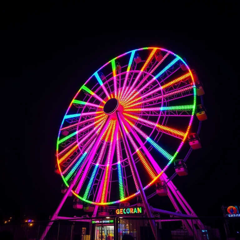 Capture a vibrant nighttime scene of a ferris wheel illuminated with colorful LED lights, with a focus on dynamic lighting effects, using a DSLR camera with a 50mm lens, aperture f/1.8, ISO 800, shutter speed 1/125 sec, shot from a low angle to emphasize height and visual impact.