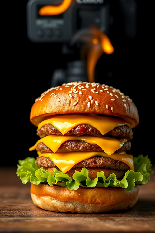 high-resolution image of a gourmet burger with a sesame seed bun, melted cheddar cheese, fresh lettuce, and a smoky flame effect in the background, captured with a Canon EOS R5, 50mm lens, f/1.8 aperture, ISO 100, 1/200s shutter speed, studio lighting for enhanced contrast and clarity