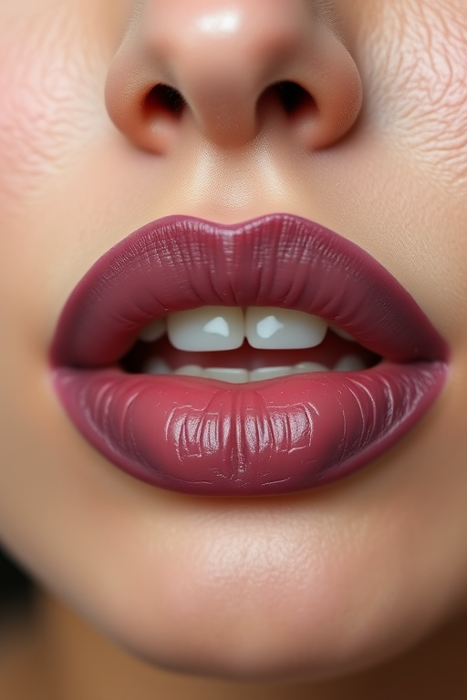 Velvety mauve lips with a soft, diffused edge, effortlessly chic and versatile, suitable for both day and night looks
