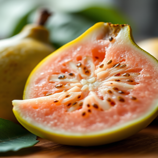a realistic close-up of a halved guava with a slice next to it, high resolution, 50mm lens, f/2.8 aperture, natural lighting, shallow depth of field, taken with a DSLR camera