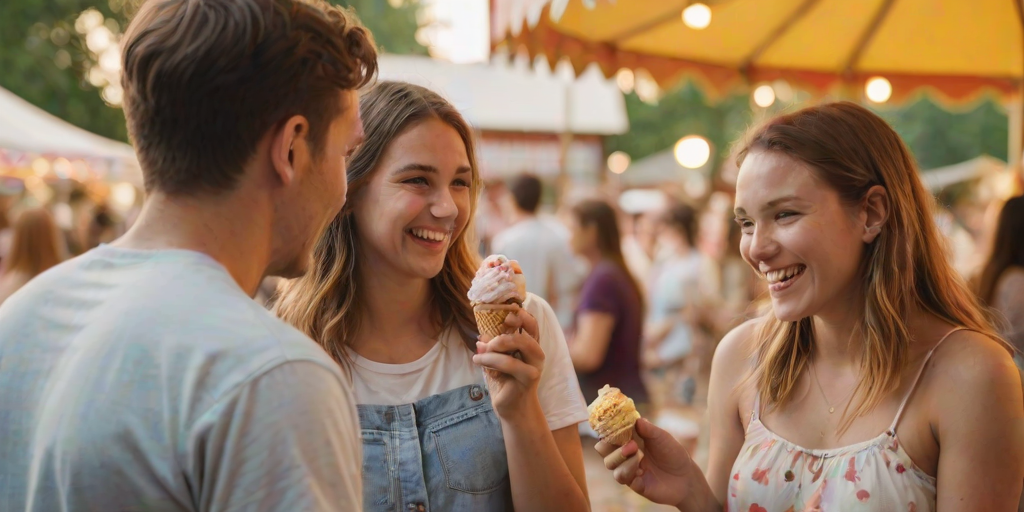 Blurry candid shot of a young couple sharing ice cream cones at a summer fair, soft golden light from a nearby carousel reflecting on their smiles.
