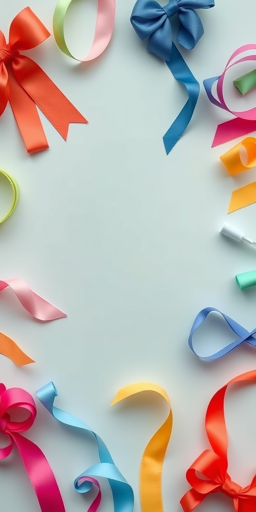 create a flat lay image of various colorful ribbons arranged in a creative pattern with a soft focus background, natural lighting, captured with a Canon EOS R5, 50mm lens, aperture f/2.8, ISO 100, shot from an aerial view