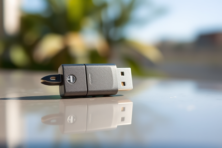 Create a high-resolution image of a USB flash drive placed on a reflective surface with a shallow depth of field, using a 50mm lens at f/2.8, ISO 100, and aperture priority mode on a DSLR camera, capturing natural lighting to emphasize the texture and details of the flash drive.