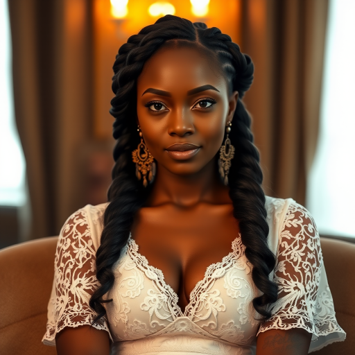 Create a portrait of a refined and elegant Zambo woman seated in a sophisticated setting. She has long, wavy hair styled in two thick braids that are pulled over her shoulders. She wears a white, lace gown with intricate patterns, featuring a deep V-neckline and short sleeves. The dress exudes a vintage charm with its delicate lacework. She is adorned with ornate, dangling earrings that add a touch of glamour to her appearance. The background is softly lit, with warm, ambient lighting that creates a cozy and inviting atmosphere. Her expression is poised and serene, capturing a sense of grace and elegance.