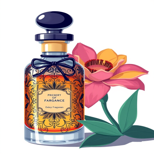Create a vibrant illustration of a decorative fragrance bottle next to a colorful flower, captured with a DSLR camera at f/2.8, ISO 100, with a shallow depth of field to emphasize the subjects and a soft, natural lighting style.