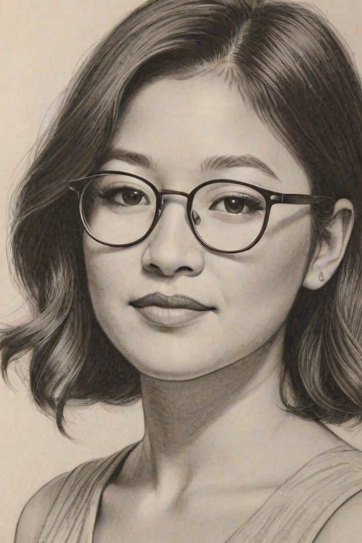 Superb Jenna Ushkowitz, pencil sketch, portrait of Radiant woman 1931s in glasses, hair style beatnik, outline, clear lines, fine lines, 8k