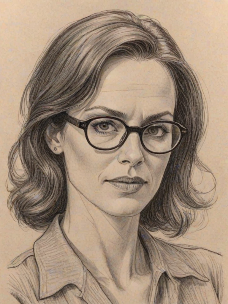 Splendid Annabeth Gish, pencil sketch, portrait of Fetching woman 1943s in glasses, hair style beatnik, outline, clear lines, fine lines, 8k