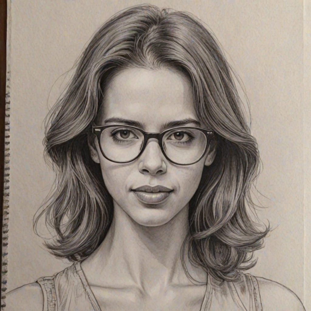 Gorgeous Kalki Koechlin, pencil sketch, portrait of Alluring woman 1972s in glasses, hair style beatnik, outline, clear lines, fine lines, 8k