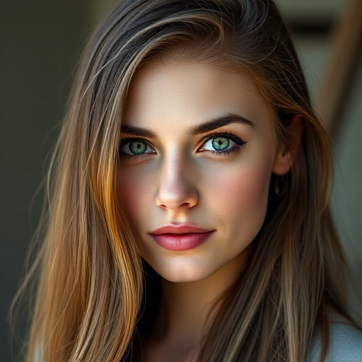 Create a high-resolution portrait of a woman with long hair and striking green eyes, using a Canon EOS R5 with a 50mm lens, aperture f/1.8, ISO 100, in natural soft light, with a slightly blurred background for depth.