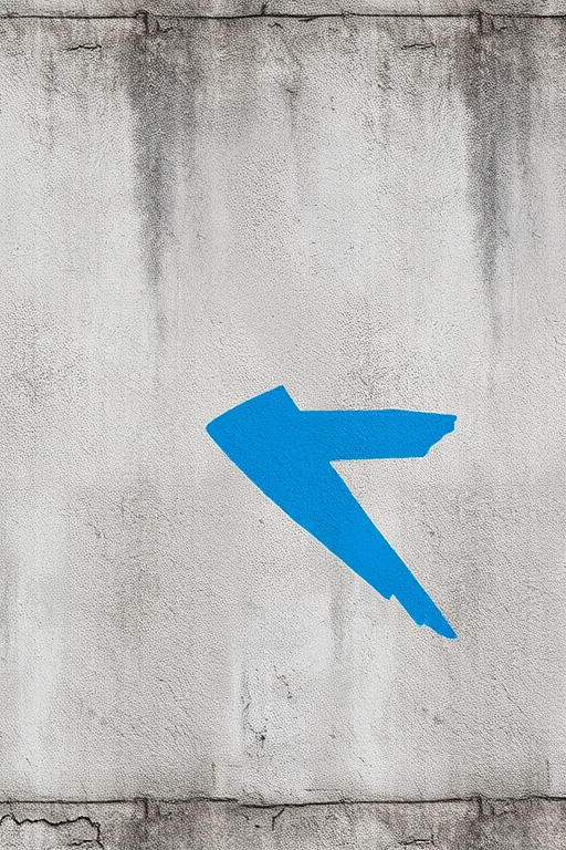 Create an image of a rough concrete wall with a vibrant blue arrow painted on it, using a DSLR camera, aperture f/2.8, shutter speed 1/125s, ISO 200, taken from a low angle for dramatic effect, in natural lighting conditions to enhance color saturation and texture detail.