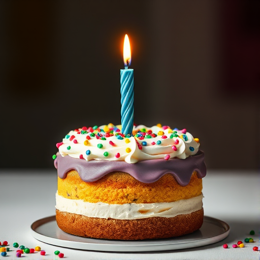 Create a colorful birthday cake with a single blue candle on top, using a soft focus lens, aperture f/4, ISO 100, captured in a well-lit studio setting for enhanced image quality, high-resolution digital illustration style.
