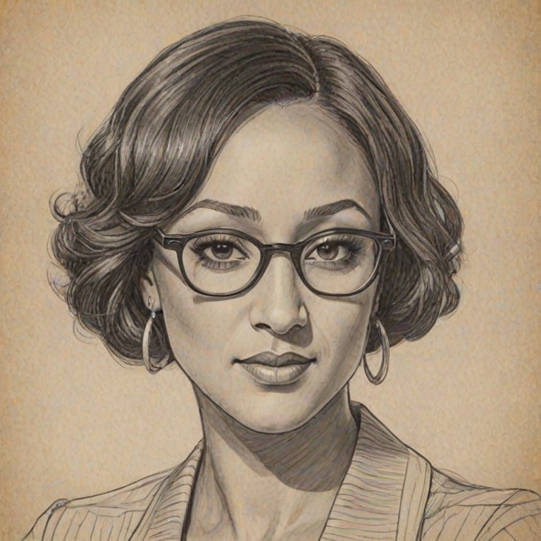 Fetching Tamera Mowry, pencil sketch, portrait of Pleasing woman 1929s in glasses, hair style beatnik, outline, clear lines, fine lines, 8k