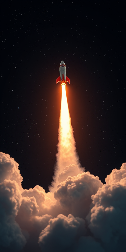 Create a high-quality digital illustration of a rocket launching into space with a vibrant flame trail against a deep black starry background, using a Canon EOS R5 camera at f/8 aperture, ISO 100, 24mm lens, in a wide-angle perspective for an immersive effect.
