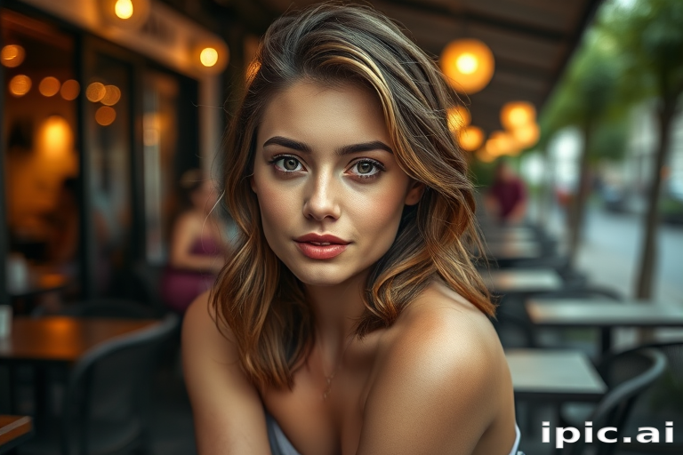 photo of young [woman:Ana de Armas:0.4], highlight hair, sitting outside restaurant, wearing dress, rim lighting, studio lighting, looking at the camera, dslr, ultra quality, sharp focus, tack sharp, dof, film grain, Fujifilm XT3, crystal clear, 8K UHD, highly detailed glossy eyes, high detailed skin, skin pores