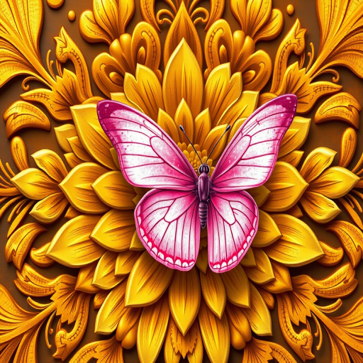 Create a detailed illustration of an ornate golden floral design with a shimmering pink butterfly perched on it, captured with a DSLR camera at f/2.8 aperture, ISO 100, 85mm lens, in macro view, with vibrant colors and high resolution.