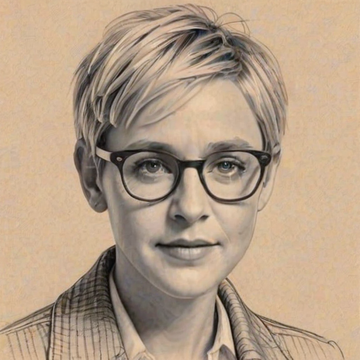 Comely Ellen DeGeneres, pencil sketch, portrait of Wonderful woman 1924s in glasses, hair style beatnik, outline, clear lines, fine lines, 8k