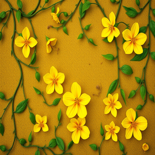 Create a vibrant floral pattern with yellow flowers and green vines on a textured olive background, captured with a Canon EOS R5, 50mm lens, f/2.8 aperture, 1/125 sec shutter speed, and soft natural lighting for enhanced detail and depth.
