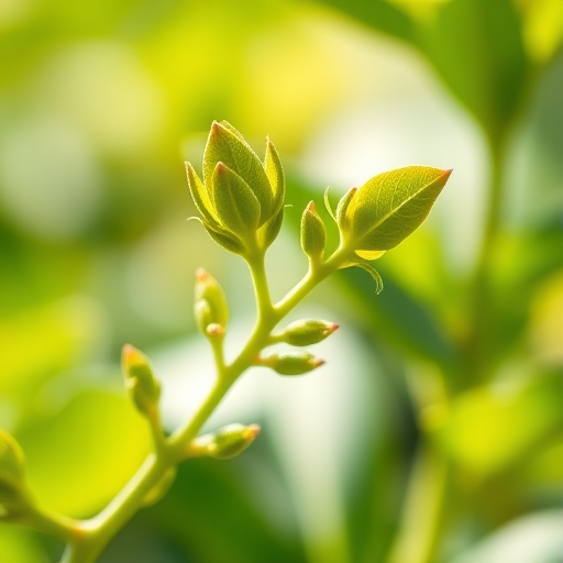 Create a detailed illustration of a green plant stem with vibrant leaves, natural lighting, shallow depth of field, captured with a DSLR camera, 50mm lens, f/2.8, ISO 100, 1/200s shutter speed.