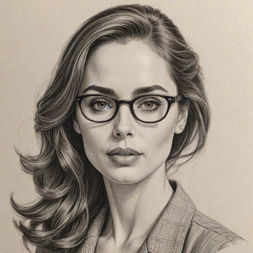 Beauteous Eliza Dushku, pencil sketch, portrait of Magnificent woman 1950s in glasses, hair style beatnik, outline, clear lines, fine lines, 8k