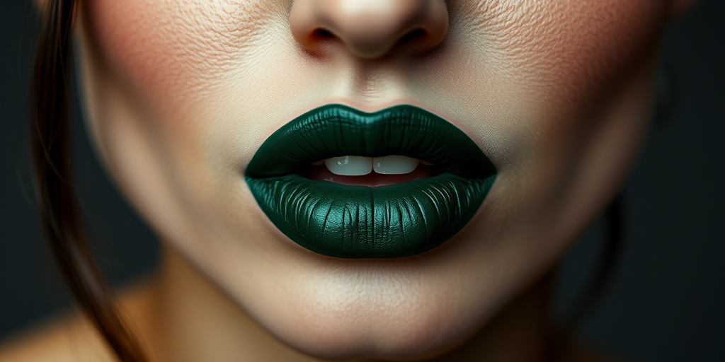 Bewitching woman lips painted in a deep forest green matte, unconventional and daring, precisely lined, challenging traditional beauty norms