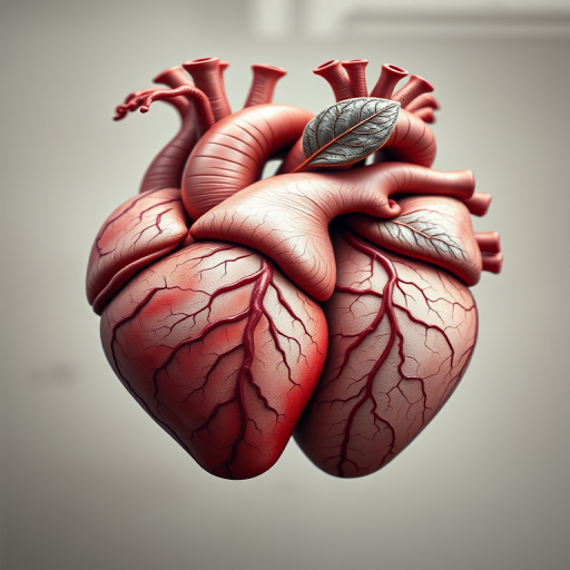 Create a hyper-realistic illustration of two intertwined hearts resembling anatomical drawings, with intricate details of veins and leaves, viewed from a forward angle, using a DSLR camera at f/1.8 aperture, ISO 100, and 50mm lens to enhance depth of field and clarity.