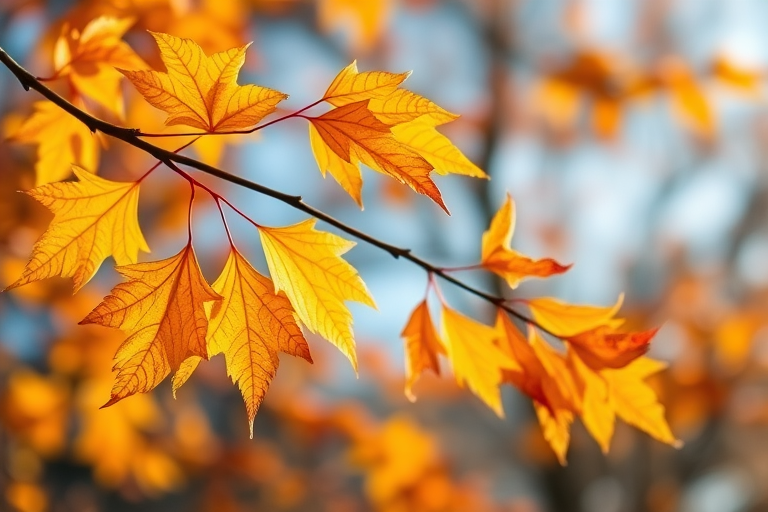 capture a vivid image of autumn leaves on a branch with a shallow depth of field, focus on yellow and orange leaves against a blurred background, use a Nikon D850 camera with a 50mm f/1.8 lens, aperture set to f/2.8, ISO 200, shutter speed 1/250s, in natural daylight for enhanced colors and detail