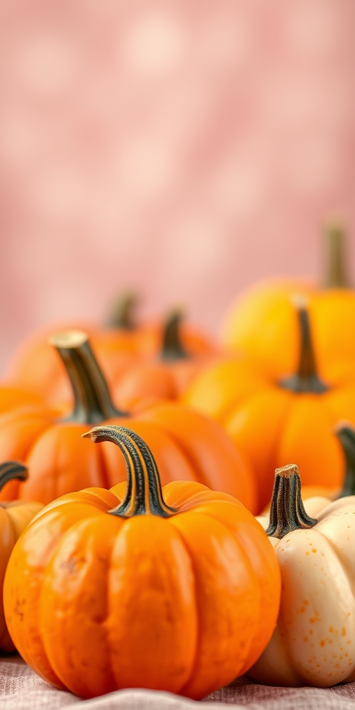 colorful pumpkins on a soft pastel background with a bokeh effect, taken with a DSLR camera, 50mm lens, f/2.8 aperture, ISO 100, 1/125s shutter speed, focused on the foreground pumpkins while softly blurring the background.