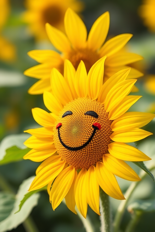 Create a cheerful sunflower with a smiling face, vibrant yellow petals, and a bright orange center, captured with a DSLR camera, 50mm lens, f/2.8 aperture, natural lighting, and a shallow depth of field for a soft background effect.