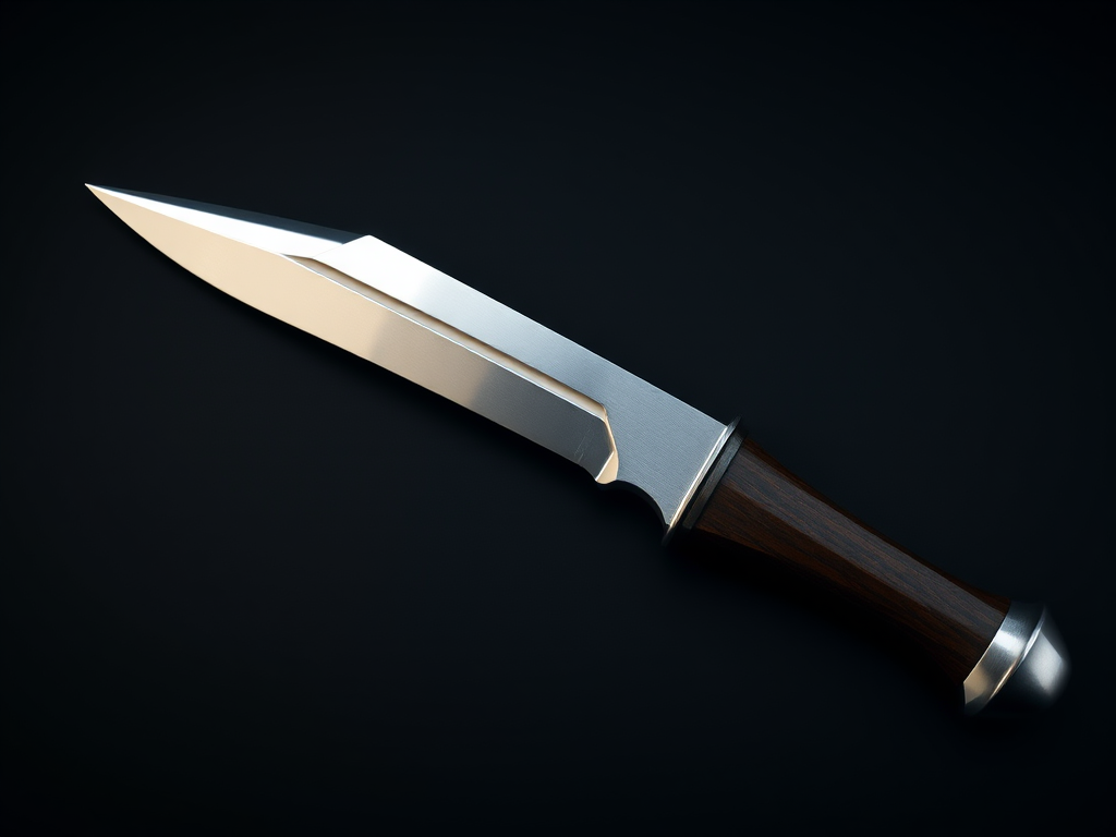 Create a high-resolution image of a sleek, silver dagger with a polished blade and a dark wooden handle, 50mm focal length, ISO 100, f/2.8 aperture, shot from a top-down view using a DSLR camera with soft lighting to enhance reflections on the blade.