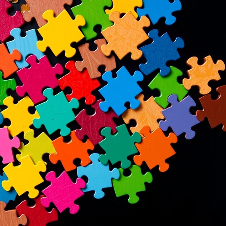 create a vibrant collage of colorful puzzle pieces in a diagonal arrangement with a black background, using a DSLR camera at f/8 aperture, ISO 200, 50mm lens, in macro view for enhanced detail and clarity