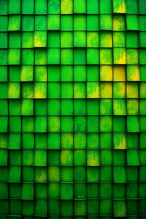 Generate an abstract image with a textured grid pattern in shades of green and yellow, using a Canon EOS R5 with a 50mm f/1.8 lens, f/4 aperture, ISO 100, 1/125s shutter speed, top-down view, vivid colors and sharp focus.