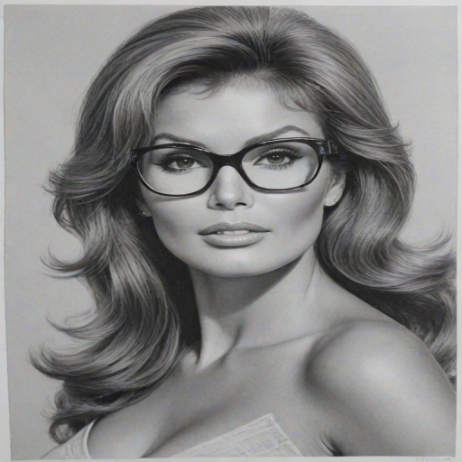 Gorgeous Raquel Welch, pencil sketch, portrait of Graceful woman 1959s in glasses, hair style beatnik, outline, clear lines, fine lines, 8k